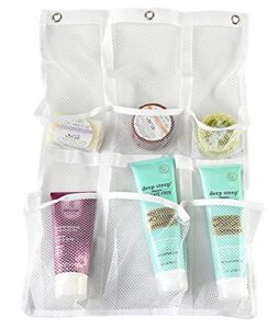 home-x 6-pocket mesh hanging shower caddy, hang from curtain rods or over the door, simple bathroom organizer for soap, shampoo, and more, 22" l x 15 ½” w, white