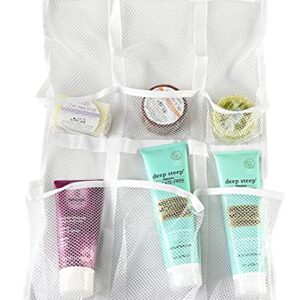 Home-X 6-Pocket Mesh Hanging Shower Caddy, Hang from Curtain Rods or Over the Door, Simple Bathroom Organizer for Soap, Shampoo, and More, 22" L x 15 ½” W, White