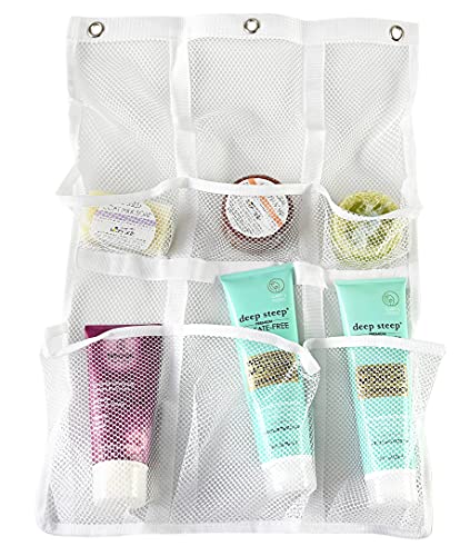 Home-X 6-Pocket Mesh Hanging Shower Caddy, Hang from Curtain Rods or Over the Door, Simple Bathroom Organizer for Soap, Shampoo, and More, 22" L x 15 ½” W, White