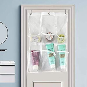 Home-X 6-Pocket Mesh Hanging Shower Caddy, Hang from Curtain Rods or Over the Door, Simple Bathroom Organizer for Soap, Shampoo, and More, 22" L x 15 ½” W, White