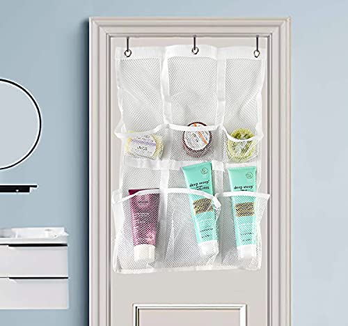 Home-X 6-Pocket Mesh Hanging Shower Caddy, Hang from Curtain Rods or Over the Door, Simple Bathroom Organizer for Soap, Shampoo, and More, 22" L x 15 ½” W, White