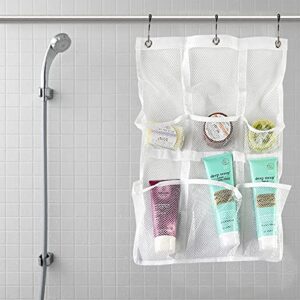 Home-X 6-Pocket Mesh Hanging Shower Caddy, Hang from Curtain Rods or Over the Door, Simple Bathroom Organizer for Soap, Shampoo, and More, 22" L x 15 ½” W, White