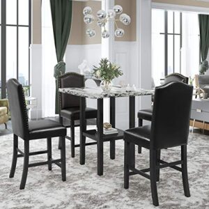5-piece kitchen table set, faux marble tabletop counter height dining table with bottom shelf and 4 black leather upholstered chairs, black chair+gray table