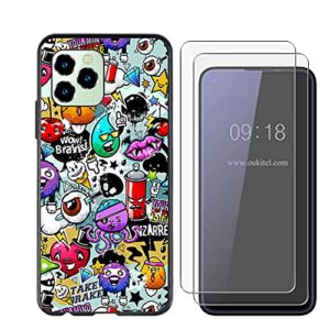 aqgg [2 pack] tempered glass + cover for oukitel c21 pro [6.39"], 9h hardness screen protector and soft silicone case bumper shell black flexible phone protective tpu cases -cartoon devil