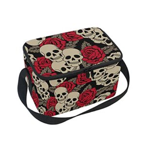 susiyo vintage skull red rose lunch box, large reusable insulated lunch bag cooler tote for office picnic