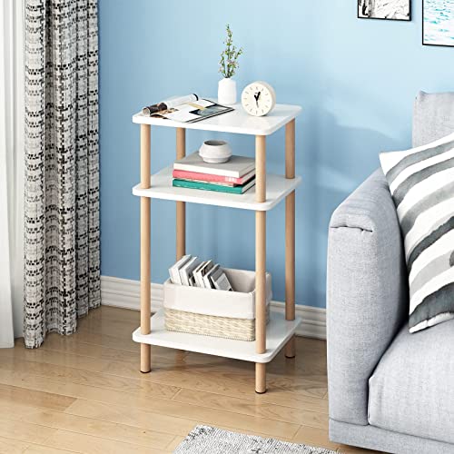 exilot 3-Tier Side Table, Tall End Table with Storage Rack, Wooden Bedside Table for Living Room Bedroom Office No-Tool Assembly White.