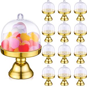 24 Pieces Plastic Mini Cake Stand with Dome Cover Chocolate Candy Cupcake Containers Dessert Display Plate with Dome Cover for Birthday Wedding Holiday Party Supplies (Gold, Transparent)