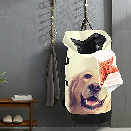 Golden Retriever Dog Laundry Bag with Shoulder Straps Laundry Backpack Bag Drawstring Closure Hanging Hamper for Camp Travel College Dorm Essentials