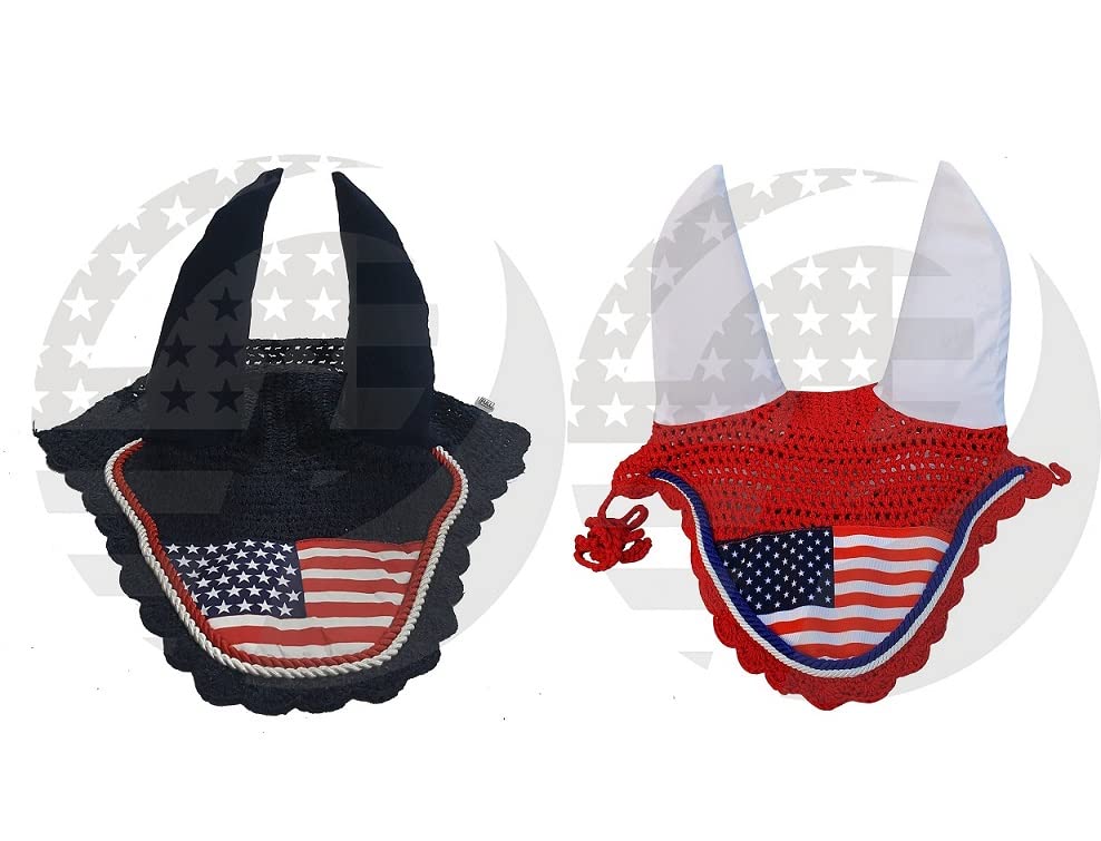 USA Flag Horse Ear Bonnet Fly Veil Crochet Equestrian Bonnet in 2 Style (Full, USA Flag Navy Blue)