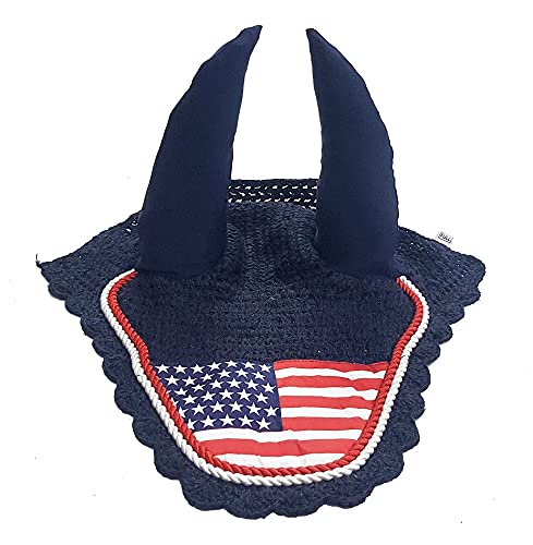 USA Flag Horse Ear Bonnet Fly Veil Crochet Equestrian Bonnet in 2 Style (Full, USA Flag Navy Blue)