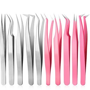 10 pieces eyelash extension tweezers stainless steel curved tweezers volume eyelash tweezers eyelash isolation tweezers eyelash application tools for eyelash accessories, silver, rose red, 5 styles