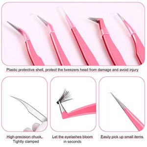 10 Pieces Eyelash Extension Tweezers Stainless Steel Curved Tweezers Volume Eyelash Tweezers Eyelash Isolation Tweezers Eyelash Application Tools for Eyelash Accessories, Silver, Rose Red, 5 Styles