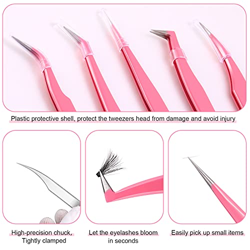 10 Pieces Eyelash Extension Tweezers Stainless Steel Curved Tweezers Volume Eyelash Tweezers Eyelash Isolation Tweezers Eyelash Application Tools for Eyelash Accessories, Silver, Rose Red, 5 Styles