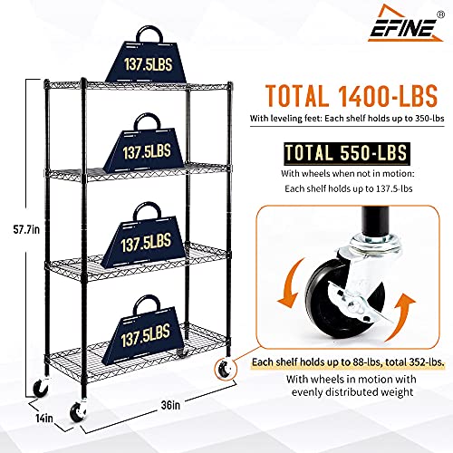 Catalina Creations EFINE 4-Shelf Shelving Units with 4-Shelf Liners and 3'' Wheels, Adjustable Heavy Duty Steel Wire Shelving Unit and Storage for Garage, Kitchen, Office (36W x 14D x 57.7H)