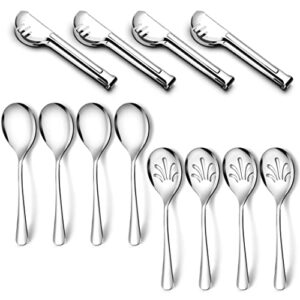 stainless steel metal serving utensils - large serving sets-10" spoons, 10" slotted spoons and 9" tongs by teivio (silver, set of 12)