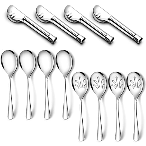 Stainless Steel Metal Serving Utensils - Large Serving sets-10" Spoons, 10" Slotted Spoons and 9" Tongs by Teivio (Silver, Set of 12)