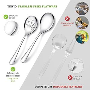 Stainless Steel Metal Serving Utensils - Large Serving sets-10" Spoons, 10" Slotted Spoons and 9" Tongs by Teivio (Silver, Set of 12)