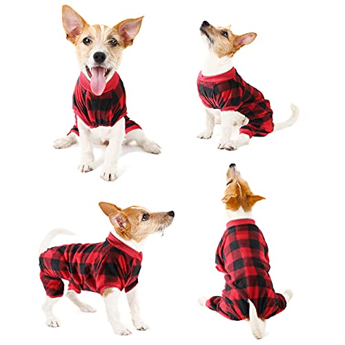 2 Pieces Christmas Dog Pajamas Red Plaid Buffalo Check Dog Sweaters Soft Fleece Pet Jumpsuit Costume Puppy Pajama Onesie Clothes Warm Winter Dog Outfits for Small Medium Sized Dogs Cats