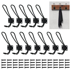 erfo 12 pack black rustic entryway hooks, wall mounted vintage double coat hangers, metal farmhouse rack hanging wire organizer decorative holder with metal screws for home office