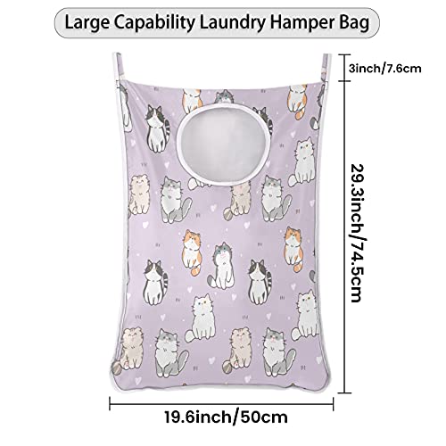 Cute Cat Hanging laundry basket Purple Cat Collapsible Large Laundry Hamper Green White for Cloth Toys Storage Baskets Hanging Laundry Baskets for Bathroom Living Room Hanging Behind the Door 30x20 Inches