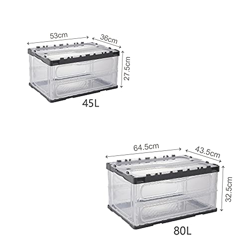 Folding and Stackable Bin with Lid | Storage Container | Storage Organizer | Storage Totes | Trunk Organizer, 80 Liter, Set of 2, Clear & Gray