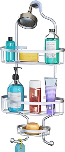 GAOKASE Shower Caddy Over Shower Head, Hanging 3-Tier Bathroom No Drilling Shower Organizer Aluminum 2-Hooks for Towel Soap Conditioner