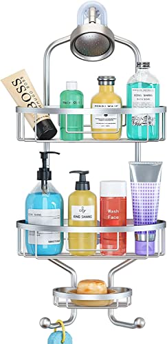 GAOKASE Shower Caddy Over Shower Head, Hanging 3-Tier Bathroom No Drilling Shower Organizer Aluminum 2-Hooks for Towel Soap Conditioner