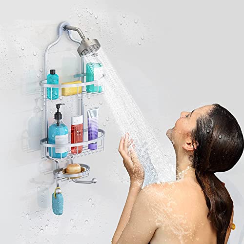 GAOKASE Shower Caddy Over Shower Head, Hanging 3-Tier Bathroom No Drilling Shower Organizer Aluminum 2-Hooks for Towel Soap Conditioner