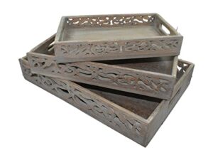 store indya vintage rustic wooden serving trays with handle - set of 3 - large, medium and small - nesting multipurpose trays