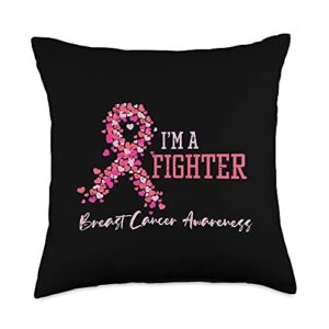 breast cancer decor for women survivor gifts fighter pink ribbon hearts breast cancer awareness women throw pillow, 18x18, multicolor