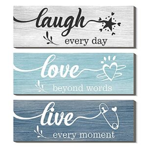 creoate blue wall art 3 pieces live love laugh sign family wall decor, inspirational rustic wood home sign wall hanging decorative for living room bedroom, small
