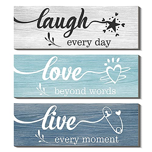 Creoate Blue Wall Art 3 Pieces Live Love Laugh Sign Family Wall Decor, Inspirational Rustic Wood Home Sign Wall Hanging Decorative for Living Room Bedroom, Small