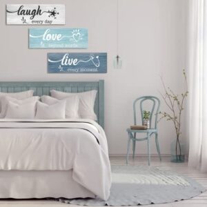 Creoate Blue Wall Art 3 Pieces Live Love Laugh Sign Family Wall Decor, Inspirational Rustic Wood Home Sign Wall Hanging Decorative for Living Room Bedroom, Small