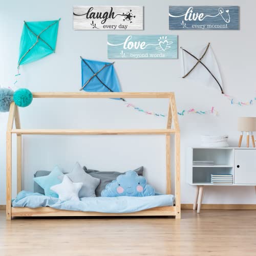 Creoate Blue Wall Art 3 Pieces Live Love Laugh Sign Family Wall Decor, Inspirational Rustic Wood Home Sign Wall Hanging Decorative for Living Room Bedroom, Small