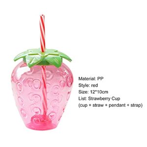 Soaoun Sippy Cup Strawberry Shaped PP Portable Water Cup Lovely with Straw Pendant Strap Fruit Pattern Drinking Bottle Cute for Home Gift