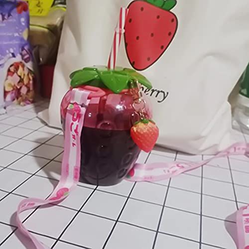 Soaoun Sippy Cup Strawberry Shaped PP Portable Water Cup Lovely with Straw Pendant Strap Fruit Pattern Drinking Bottle Cute for Home Gift