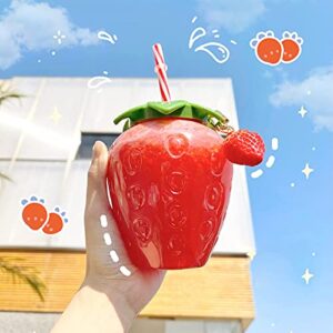 Soaoun Sippy Cup Strawberry Shaped PP Portable Water Cup Lovely with Straw Pendant Strap Fruit Pattern Drinking Bottle Cute for Home Gift