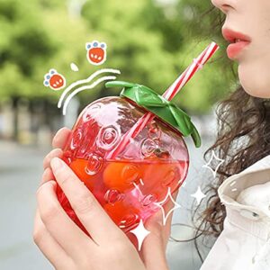 Soaoun Sippy Cup Strawberry Shaped PP Portable Water Cup Lovely with Straw Pendant Strap Fruit Pattern Drinking Bottle Cute for Home Gift