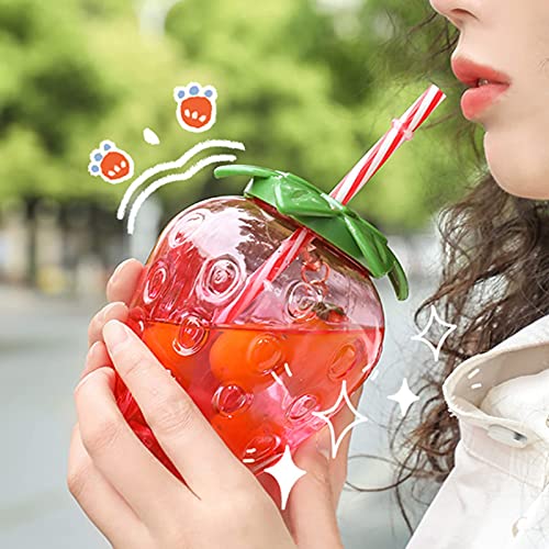 Soaoun Sippy Cup Strawberry Shaped PP Portable Water Cup Lovely with Straw Pendant Strap Fruit Pattern Drinking Bottle Cute for Home Gift