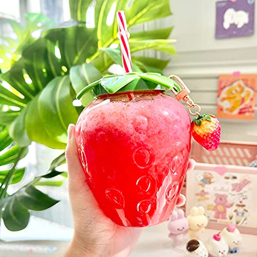 Soaoun Sippy Cup Strawberry Shaped PP Portable Water Cup Lovely with Straw Pendant Strap Fruit Pattern Drinking Bottle Cute for Home Gift