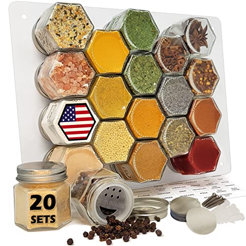 Magnetic Spice Jars Empty Small Hexagon Glass Spice Jars 20 Sets with Magnetic Lids, Shaker, Magnetic Board, Spice Labels DIY Spice Tins Magnetic Spice Rack for Refrigerator Fridge Cabinet Wall mount