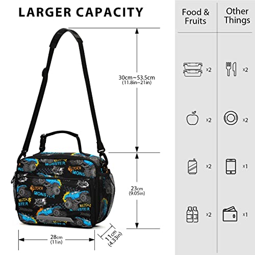 Exnundod Monster Truck Lunch Bag, Cartoon Modern Trucks Insulated Reusable Lunchbox Adjustable Shoulder Strap Cooler Tote Bag for Travel Picnic Beach
