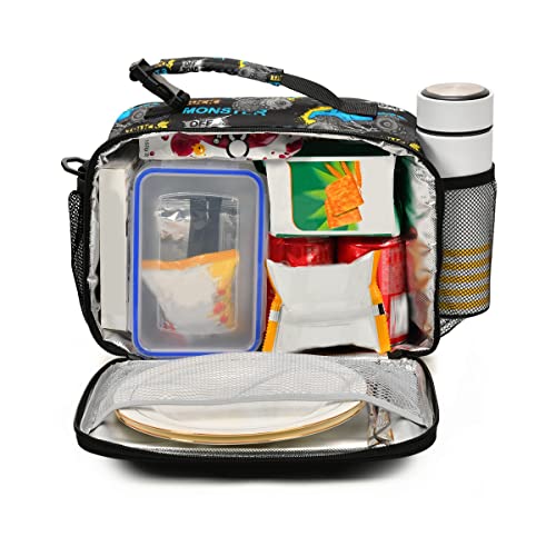 Exnundod Monster Truck Lunch Bag, Cartoon Modern Trucks Insulated Reusable Lunchbox Adjustable Shoulder Strap Cooler Tote Bag for Travel Picnic Beach