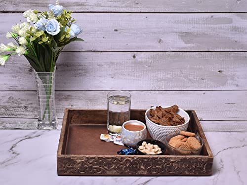 STORE INDYA Hand Carved Wooden Breakfast Serving Tray with Handle for Breakfast Tea Snack Dessert | Kitchen Dining Serve-Ware Accessories | 15 x 10 Inches