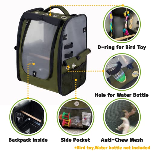 Birds Day Bird Carrier Backpack-Parrot Travel Cage with Perch and Food Bowl, Stainless Steel Tray (Dark Olive Green)