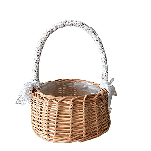 DDXY Wicker Rattan Flower Basket, Willow Handwoven Basket with Handle and Plastic Insert, Easter Eggs Candy Basket Wedding Flower Girl Baskets for Home Garden Decor Large