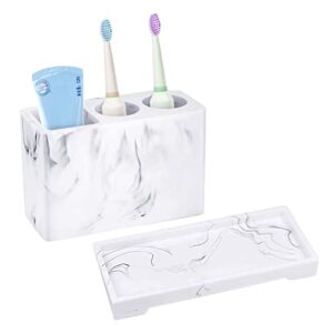 mightree bathroom vanity tray, 3-slot tooth brush holder set of 2 for bathroom, resin toilet tank tray, marble pattern bathtub tray organizer, white