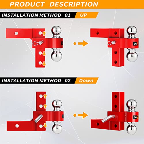 LOCAME Adjustable Trailer Hitch, Fits 2-Inch Receiver Only, 6-Inch Drop/Rise Aluminum Drop Hitch, Tow Hitch for Heavy Duty Truck with Double Stainless Steel Pins, Red, LC0001