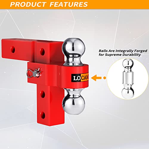 LOCAME Adjustable Trailer Hitch, Fits 2-Inch Receiver Only, 6-Inch Drop/Rise Aluminum Drop Hitch, Tow Hitch for Heavy Duty Truck with Double Stainless Steel Pins, Red, LC0001