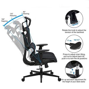 Ergonomic Office Chair, High Back Mesh Desk Chair with Liftable Backrest Armrest, 3D Adjustable Lumbar Support Headrest Computer Executive Chair